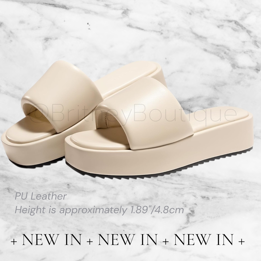 Beige Vegan Leather Platform Slide Sandals